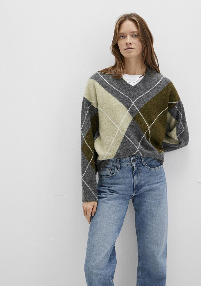 Mavi Baklava Desenli Gri Loose Fit Kadın Kazak 1710826-87829 (1)