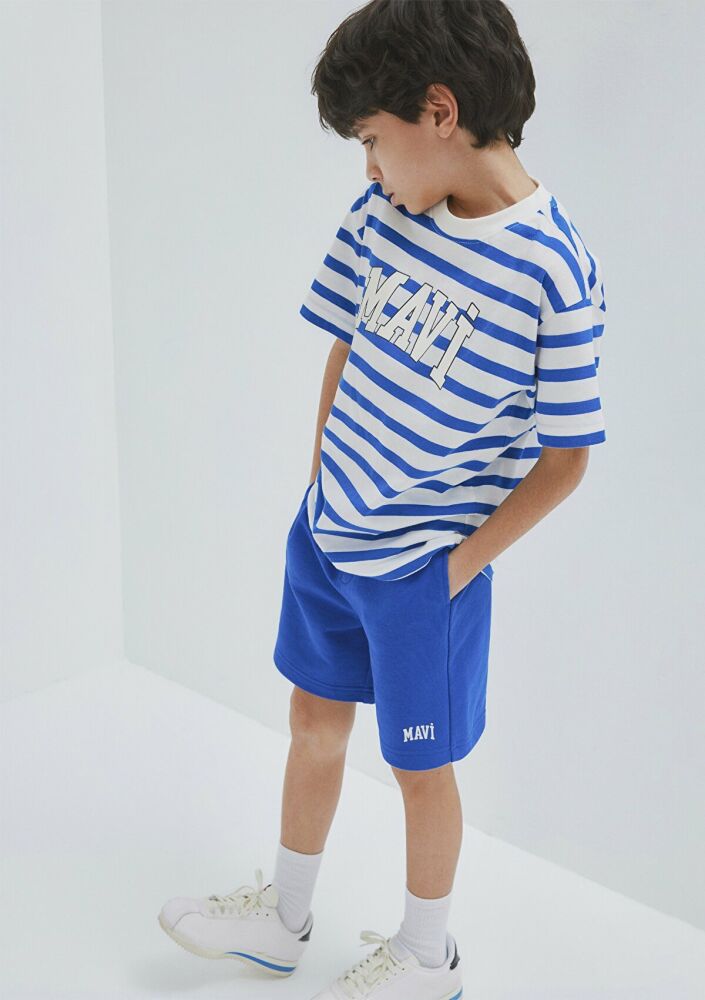Mavi Baskılı Çizgili Loose Fit Çocuk Tişört 6610251-91364 (1)