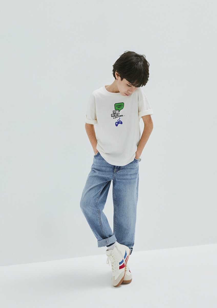 Mavi Baskılı Ekru Oversize Çocuk  Tişört 6610421-70057