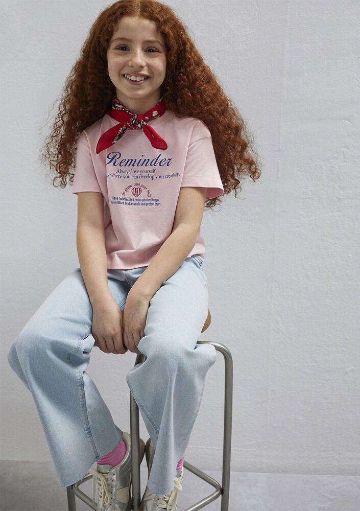 Mavi Baskılı Pembe Loose Fit Çocuk Tişört 7610398-71007