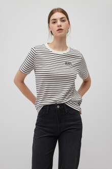 Mavi Baskılı Siyah Çizgili Kadın Tişört 1612224-85143 - Mavi (1)