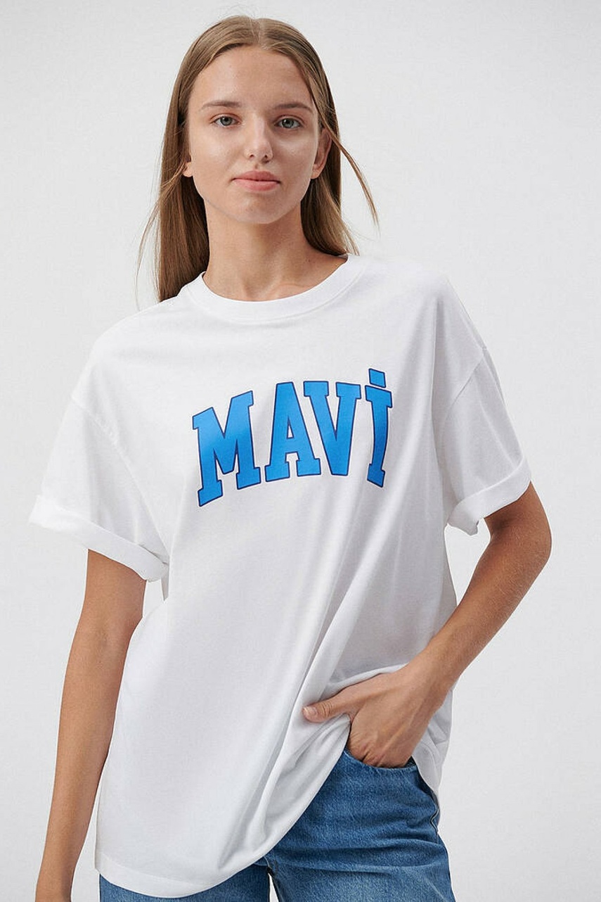 Mavi Baskılı Süt Beyaz Kadın Tişört 1600843-70000 - 1