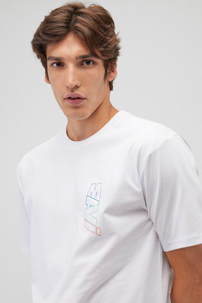 Mavi Basklılı Beyaz Erkek Tişört 0612350-620