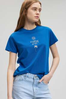 Mavi Beach Baskılı Saks Mavi Kadın Tişört 1612400-70894 - Mavi (1)