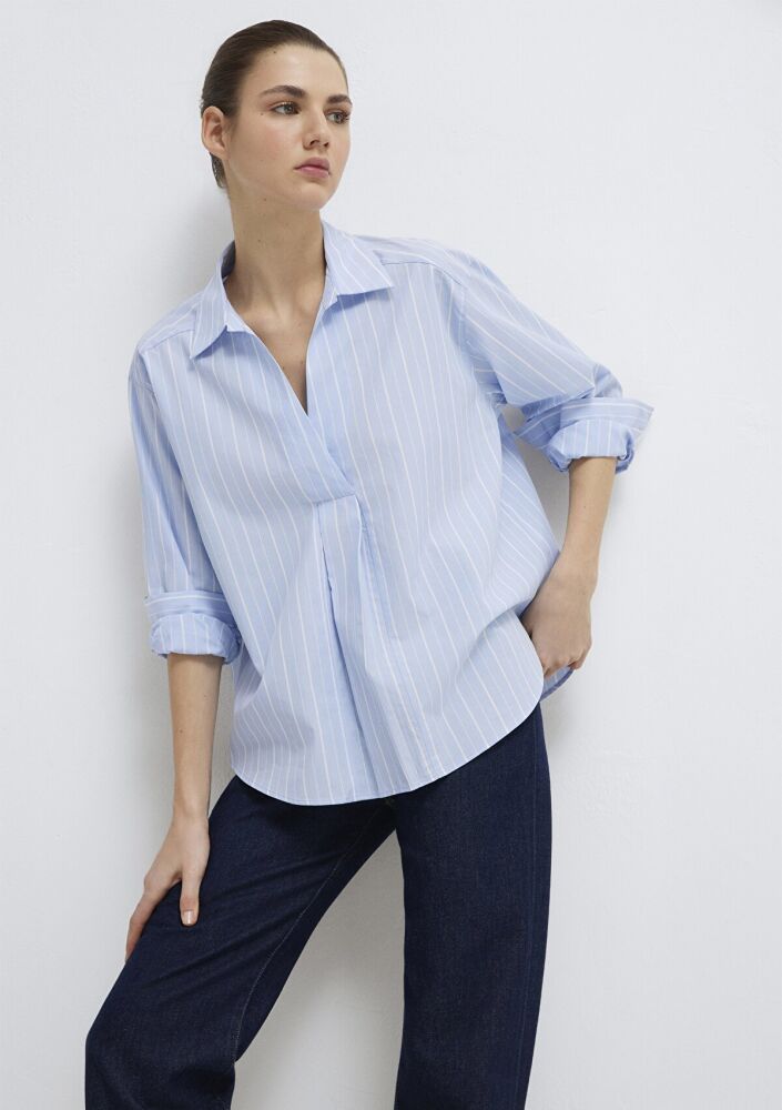 Mavi Beyaz Çizgili Mavi Loose Fit Kadın Bluz 1211226-84035
