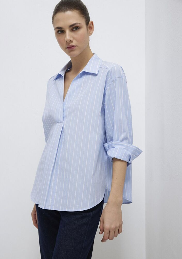 Mavi Beyaz Çizgili Mavi Loose Fit Kadın Bluz 1211226-84035 (1)