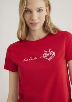 Mavi Bisiklet Yaka Grafik Acı Kırmızı Kadın Tişört 1612961-82054 - Mavi (1)