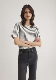 Mavi Bisiklet Yaka Siyah Çizgili Kadın Tişört 1611653-85143 - Mavi (1)