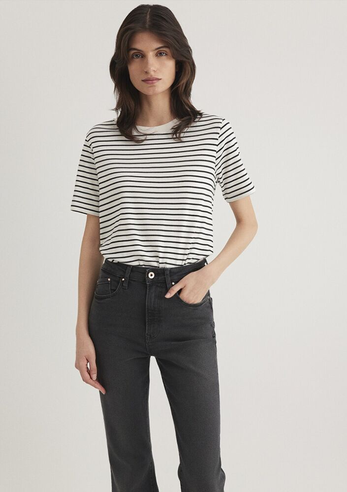 Mavi Bisiklet Yaka Siyah Çizgili Kadın Tişört 1611653-85143