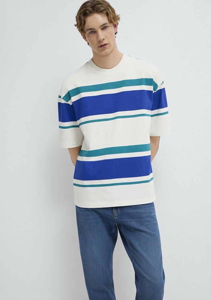 Mavi Blok Çizgili Ekru Oversize Erkek Tişört 0613331-70057