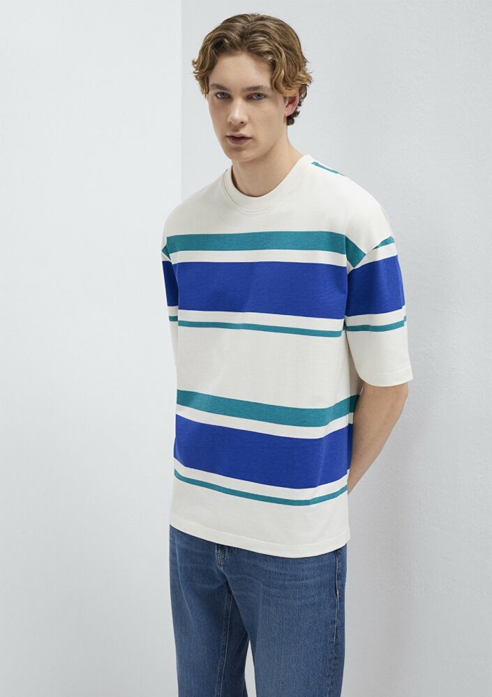 Mavi Blok Çizgili Ekru Oversize Erkek Tişört 0613331-70057 (1)