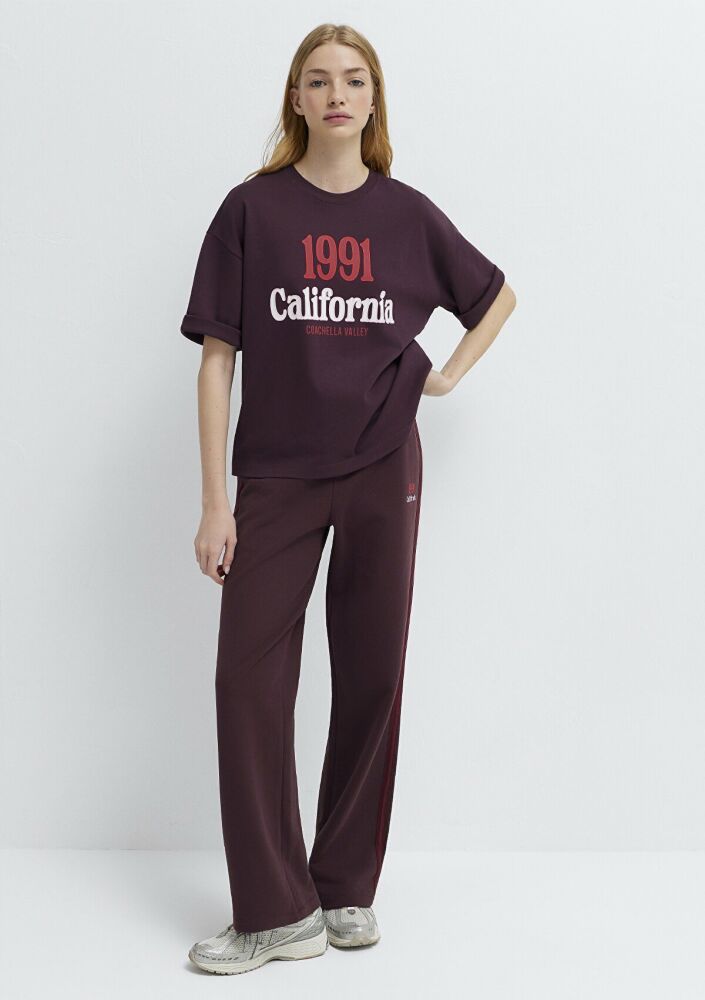 Mavi California Baskılı Bordo Loose Fit Kadın Tişört 1613913-70223