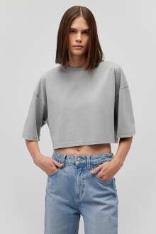 Mavi Çelik Gri Crop Kadın Tişört 1612662-70098 - Mavi (1)