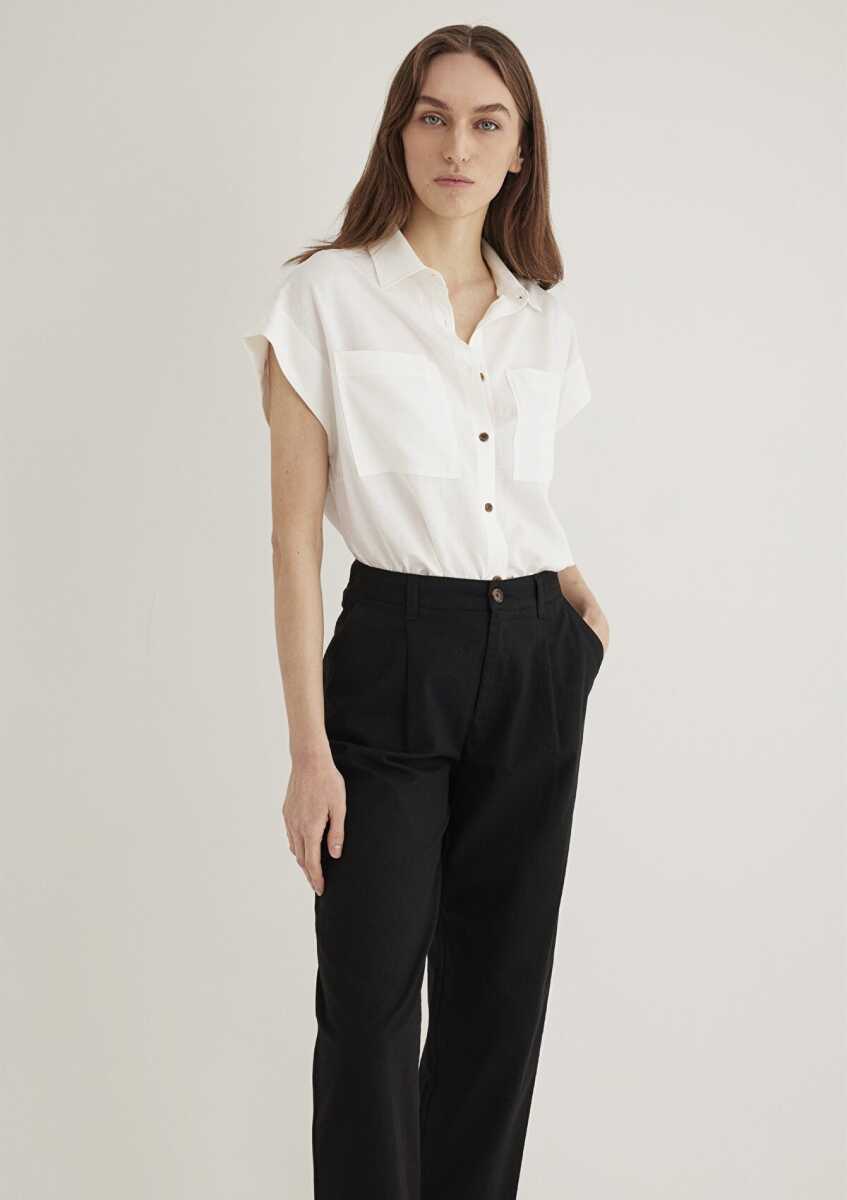 Mavi Cep Detaylı Ekru Loose Fit Kadın Gömlek 1211090-70057
