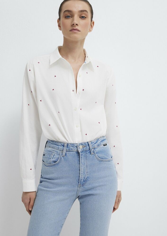 Mavi Çiçek Baskılı Ekru Loose Fit Kadın Gömlek 1210610-91381