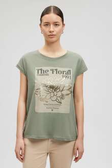 Mavi Çiçek Baskılı Grafif Açık Haki Kadın Tişört 1612237-80692 - Mavi (1)