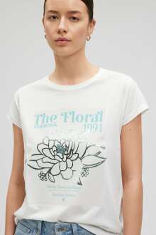 Mavi Çiçek Baskılı Grafik Kırık Beyaz Kadın Tişört 1612237-70057 - Mavi (1)