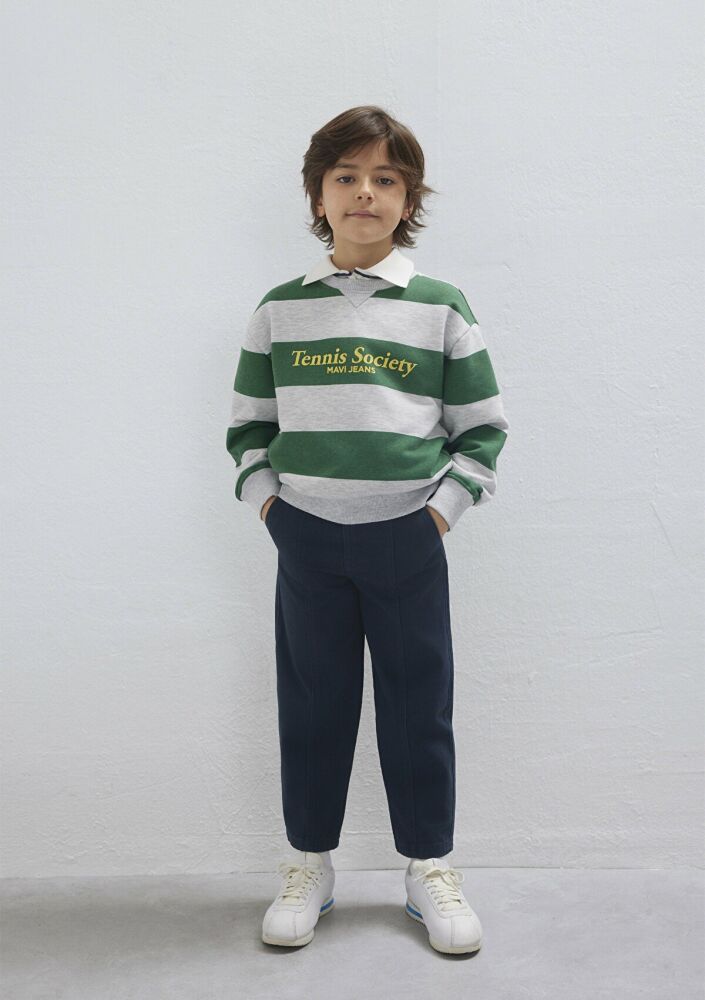 Mavi Çizgili Baskılı Yeşil Loose Fit Çocuk Sweatshirt 6S10170-71697