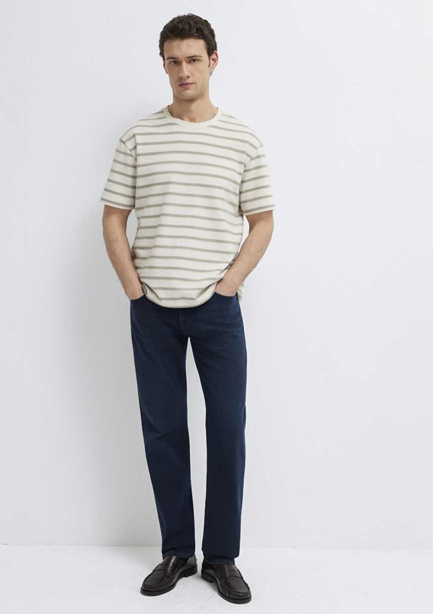 Mavi Çizgili Bej Loose Fit Erkek Tişört 0613343-70352