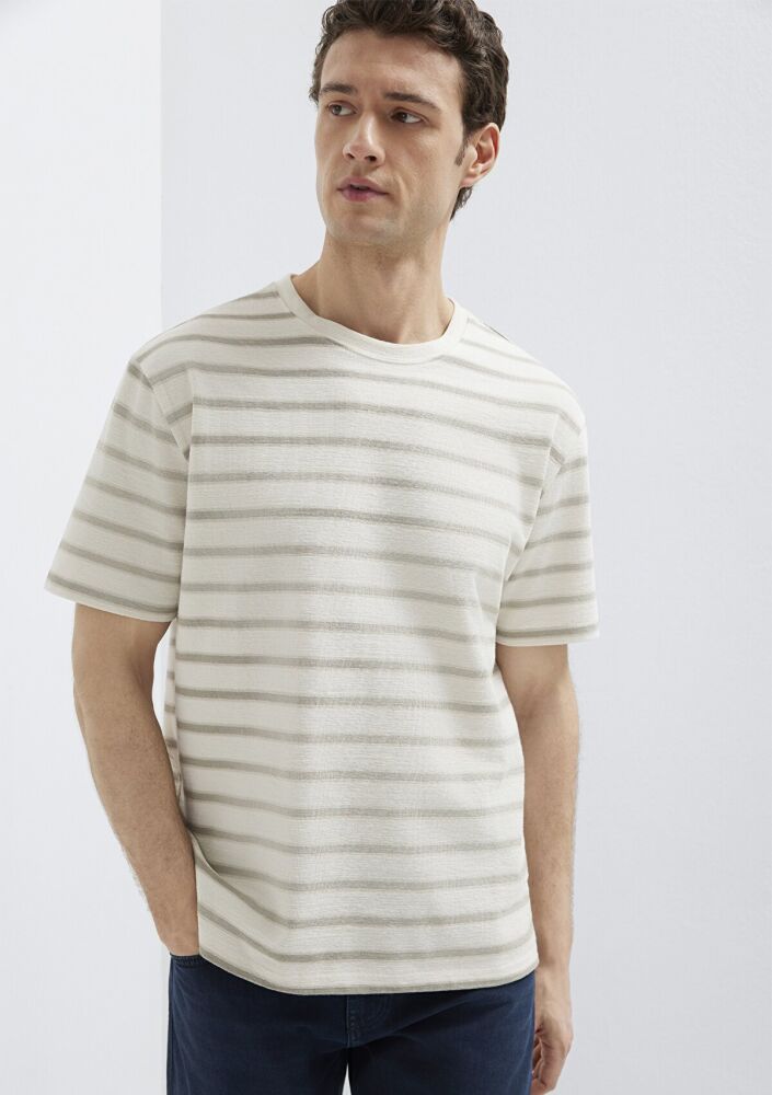 Mavi Çizgili Bej Loose Fit Erkek Tişört 0613343-70352 (1)