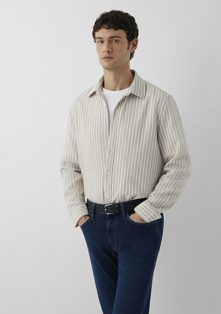 Mavi Çizgili Bej Regular Fit Erkek Gömlek 0211693-91739