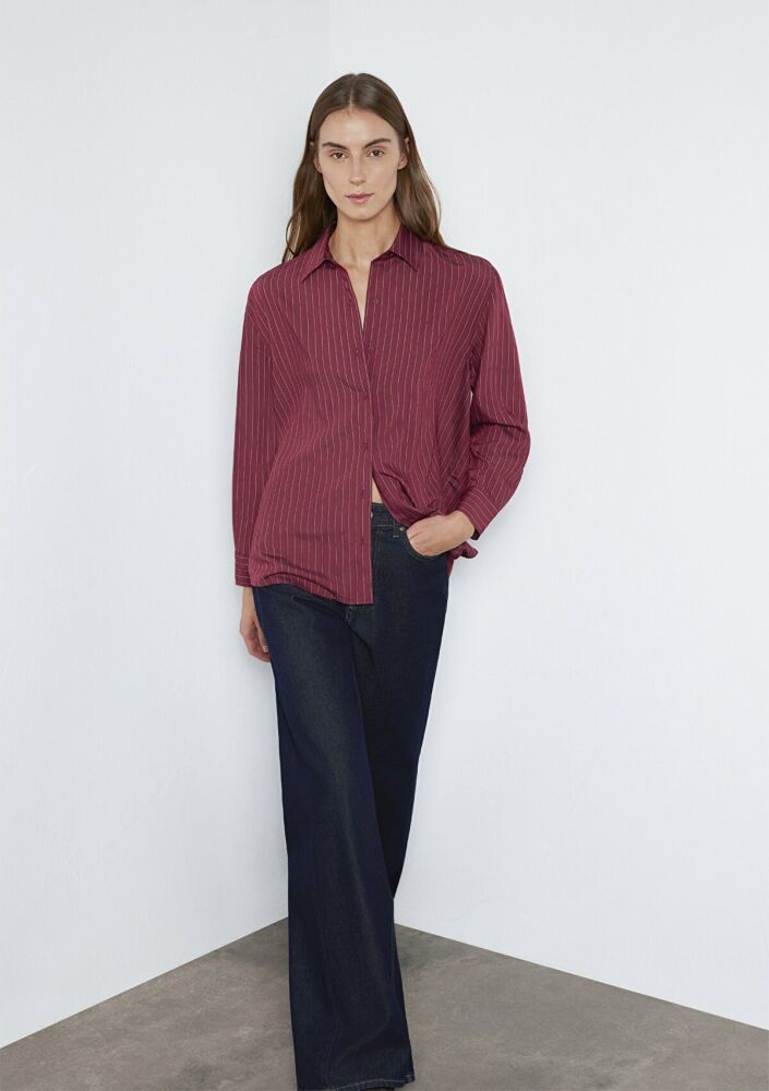 Mavi Çizgili Bordo Loose Fit Kadın Gömlek 1210683-91379