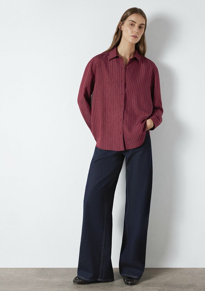 Mavi Çizgili Bordo Loose Fit Kadın Gömlek 1210683-91379 (1)
