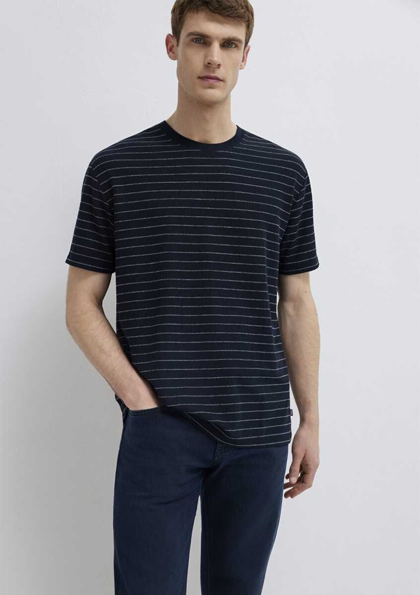 Mavi Çizgili Lacivert Loose Fit Erkek  Tişört 0613334-70497
