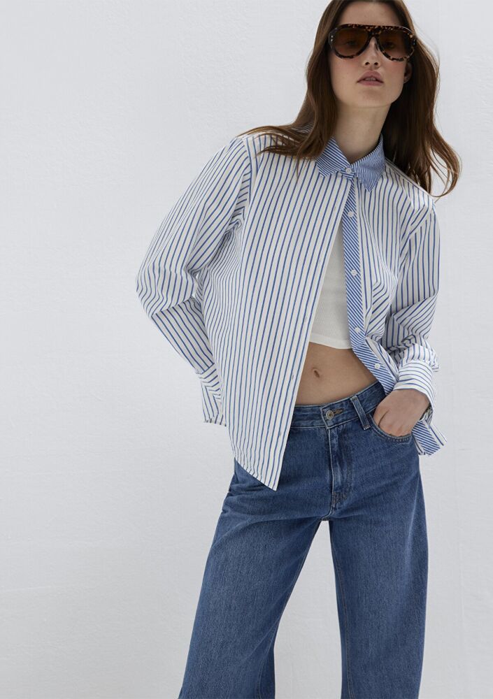 Mavi Çizgili Loose Fit Kadın Gömlek 1211454-84005