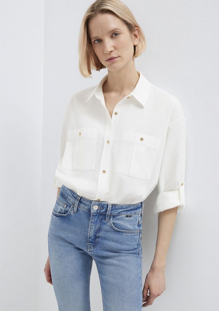 Mavi Düğme Detaylı Ekru Loose Fit Kadın Gömlek 1211383-70057