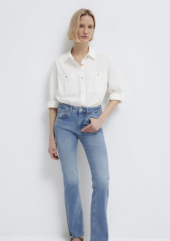 Mavi Düğme Detaylı Ekru Loose Fit Kadın Gömlek 1211383-70057 (1)