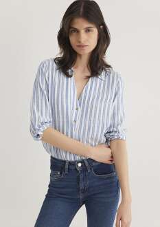 Mavi Düğme Detaylı İndigo Çizgili Kadın Gömlek 122400-83979 - Mavi (1)