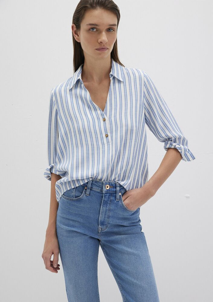 Mavi Düğme Detaylı İndigo Çizgili Kadın Gömlek 122400-83979