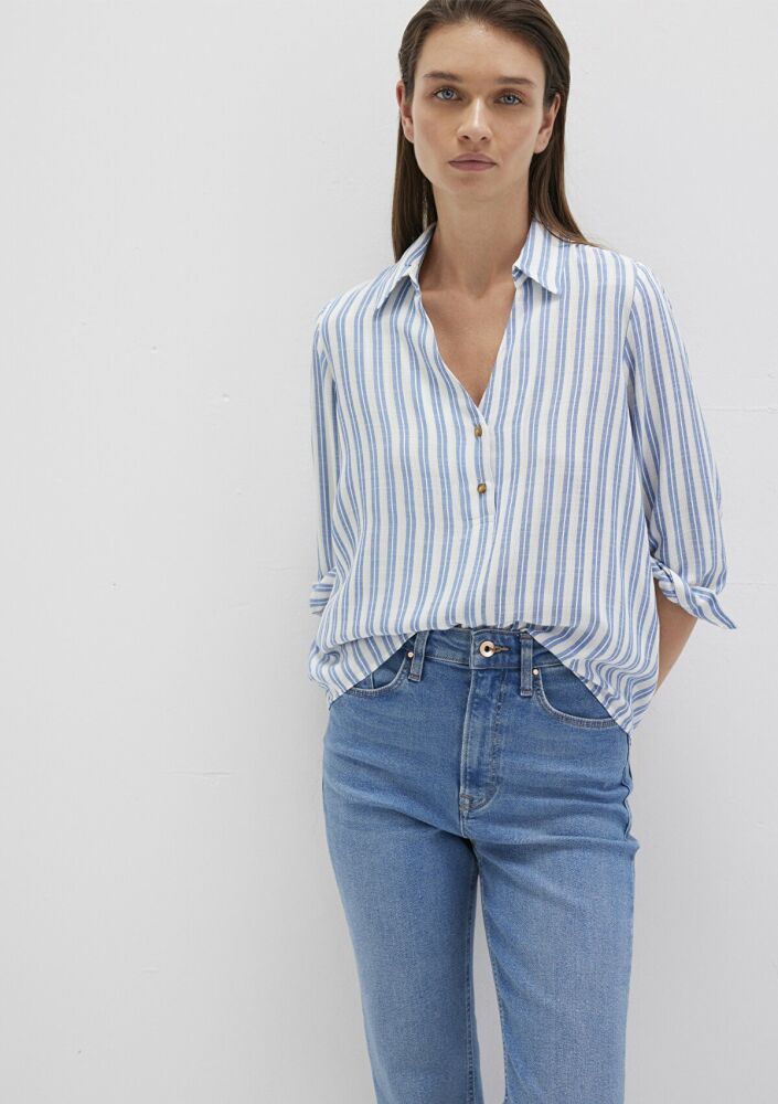 Mavi Düğme Detaylı İndigo Çizgili Kadın Gömlek 122400-83979 (1)