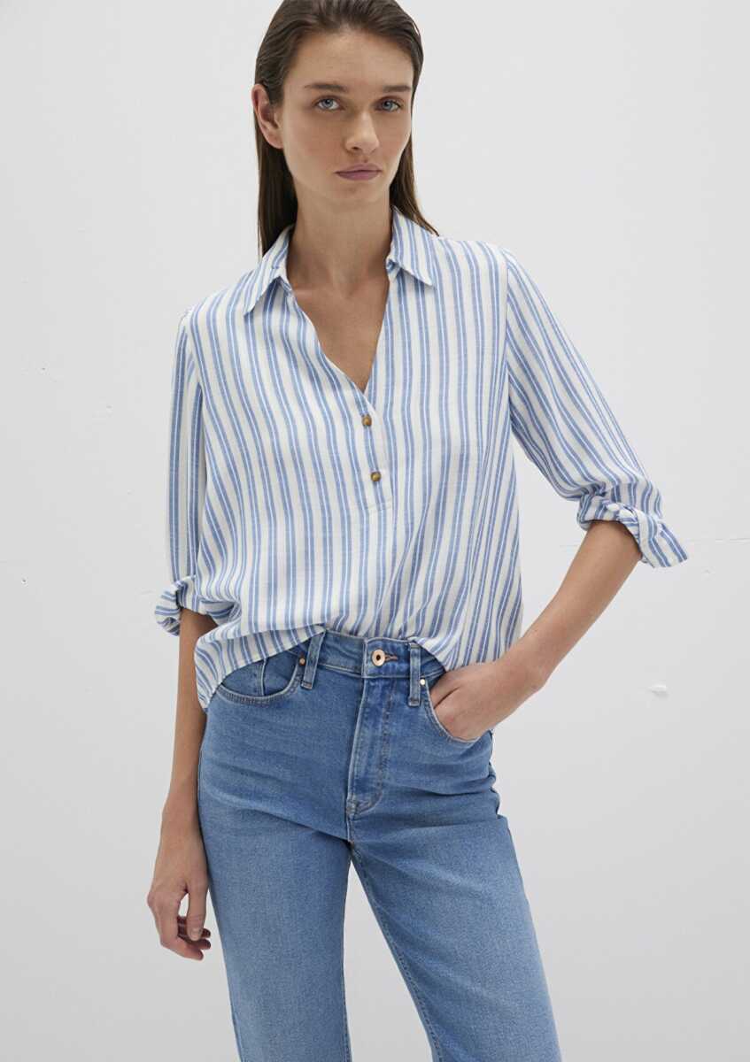 Mavi Düğme Detaylı İndigo Çizgili Kadın Gömlek 122400-83979