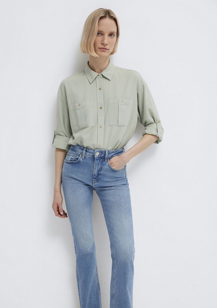 Mavi Düğme Detaylı Yeşil Loose Fit Kadın Gömlek 1211383-70113