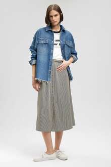 Mavi Düğmeli Lacivert Çizgili Midi Kadın Etek 1310433-81493 - Mavi (1)