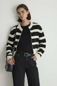 Mavi Fermuarlı Siyah Çizgili Kadın Hırka 1710526-85407 - Mavi (1)