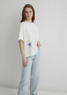 Mavi Grafik Baskılı Kırık Beyaz Kadın Tişört 1613093-70057 - Mavi (1)