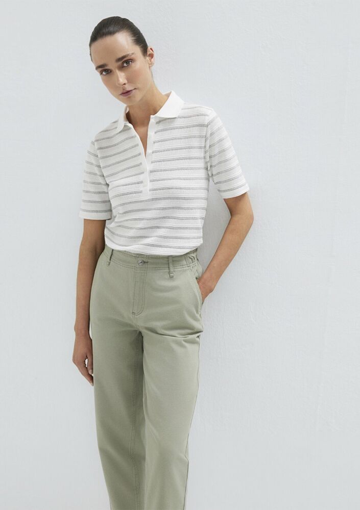 Mavi Gri Çizgi Dokulu Beyaz Kadın Polo Tişört 1613787-88146