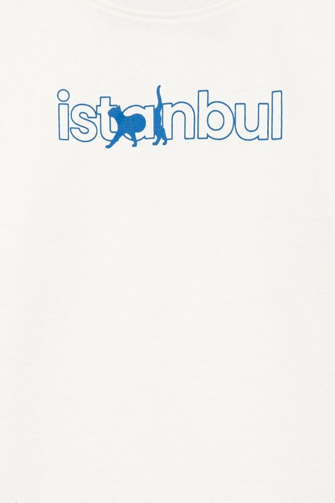Mavi İstanbul Kedi Baskılı Kırık Beyaz Çocuk Tişört 7610195-70057 - 3