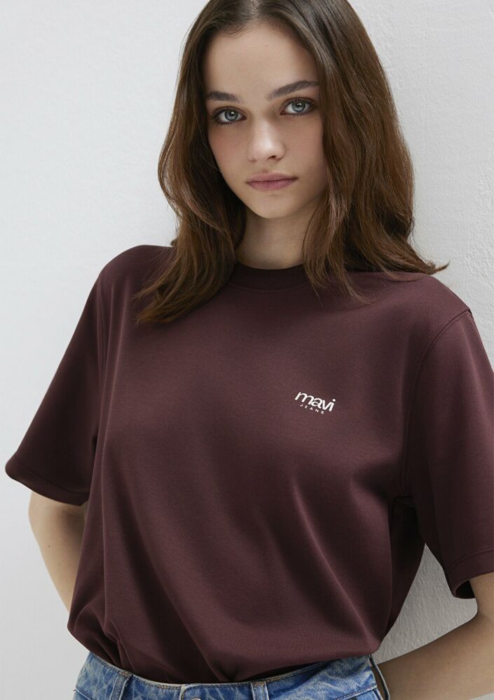 Mavi Jeans Baskılı Bordo Regular Fit Kadın Tişört 1613804-70223