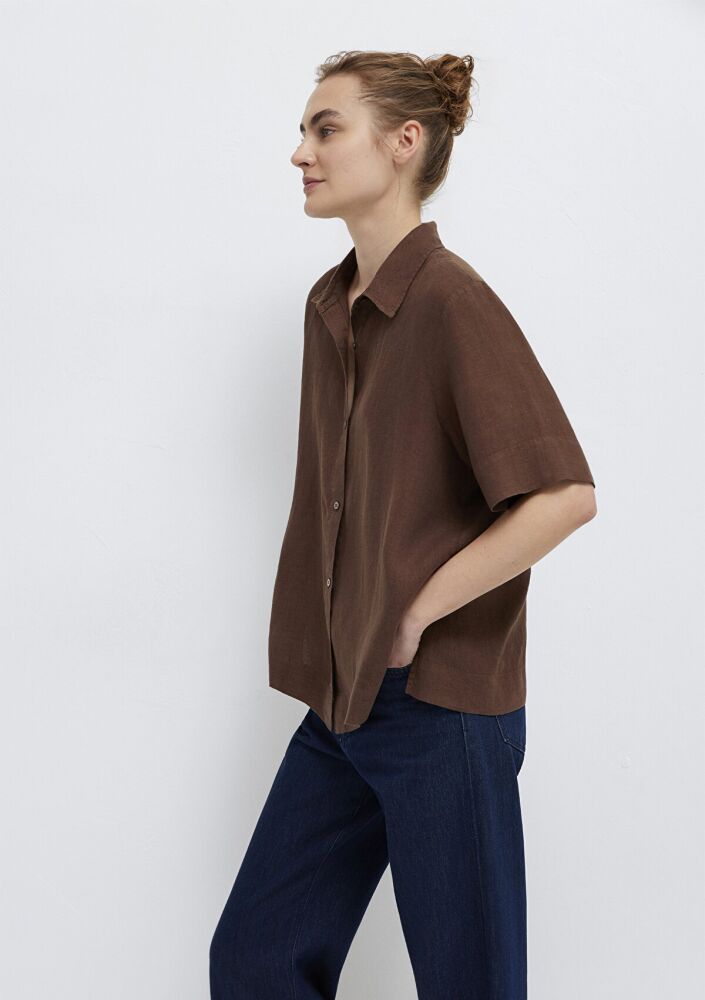 Mavi Kahverengi Keten Oversize Kadın Gömlek 1211532-70238