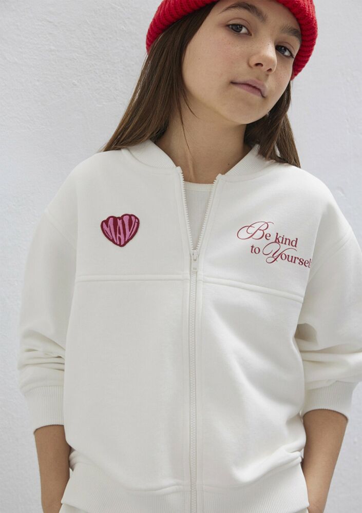 Mavi Kalp Baskılı Ekru Loose Fit Bomber Çocuk Sweat 7S10174-70057