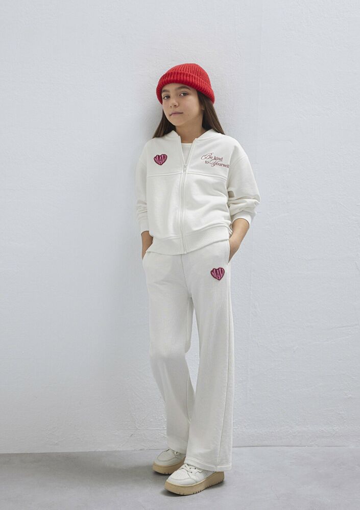 Mavi Kalp Baskılı Ekru Loose Fit Bomber Çocuk Sweat 7S10174-70057 (1)