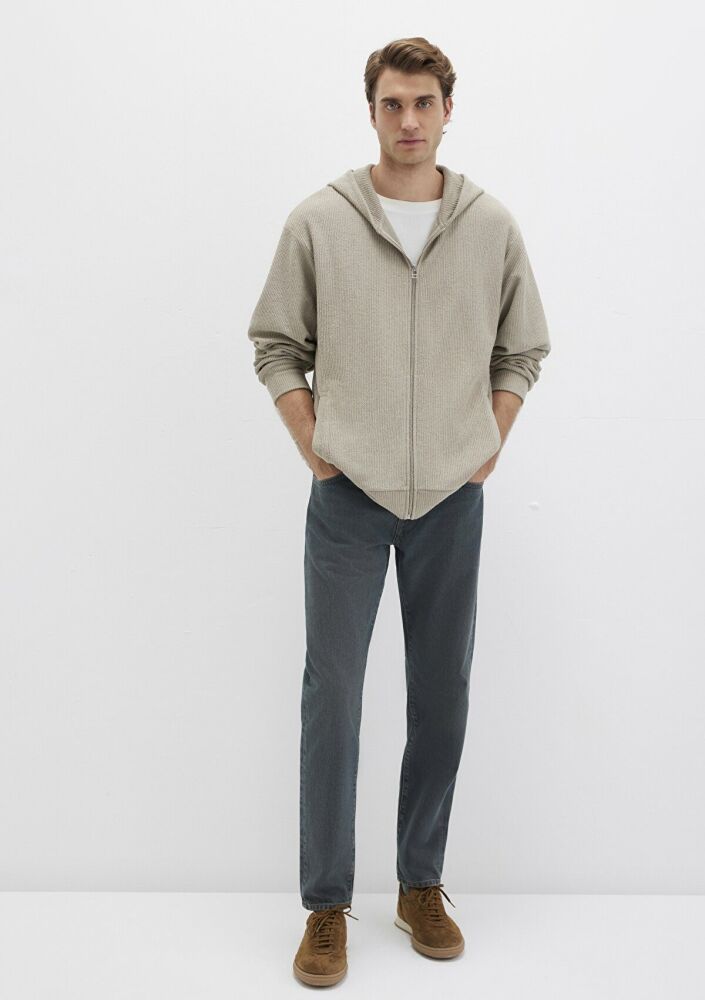 Mavi Kapüşonlu Fermuarlı Bej Loose Fit Erkek Sweat 0S10520-70154 (1)