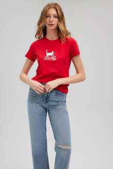 Mavi Kedi Baskılı Acı Kırmızı Kadın Tişört 1612202-82054 - Mavi (1)