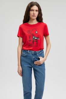 Mavi Kedi Baskılı Acı Kırmızı Kadın Tişört 1612390-82054 - Mavi (1)