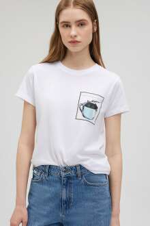 Mavi Kedi Baskılı Beyaz Kadın Tişört 1612405-620 - Mavi (1)