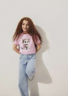 Mavi Kedi Baskılı Crop Çocuk Tişört 7610281-70973 - Mavi (1)